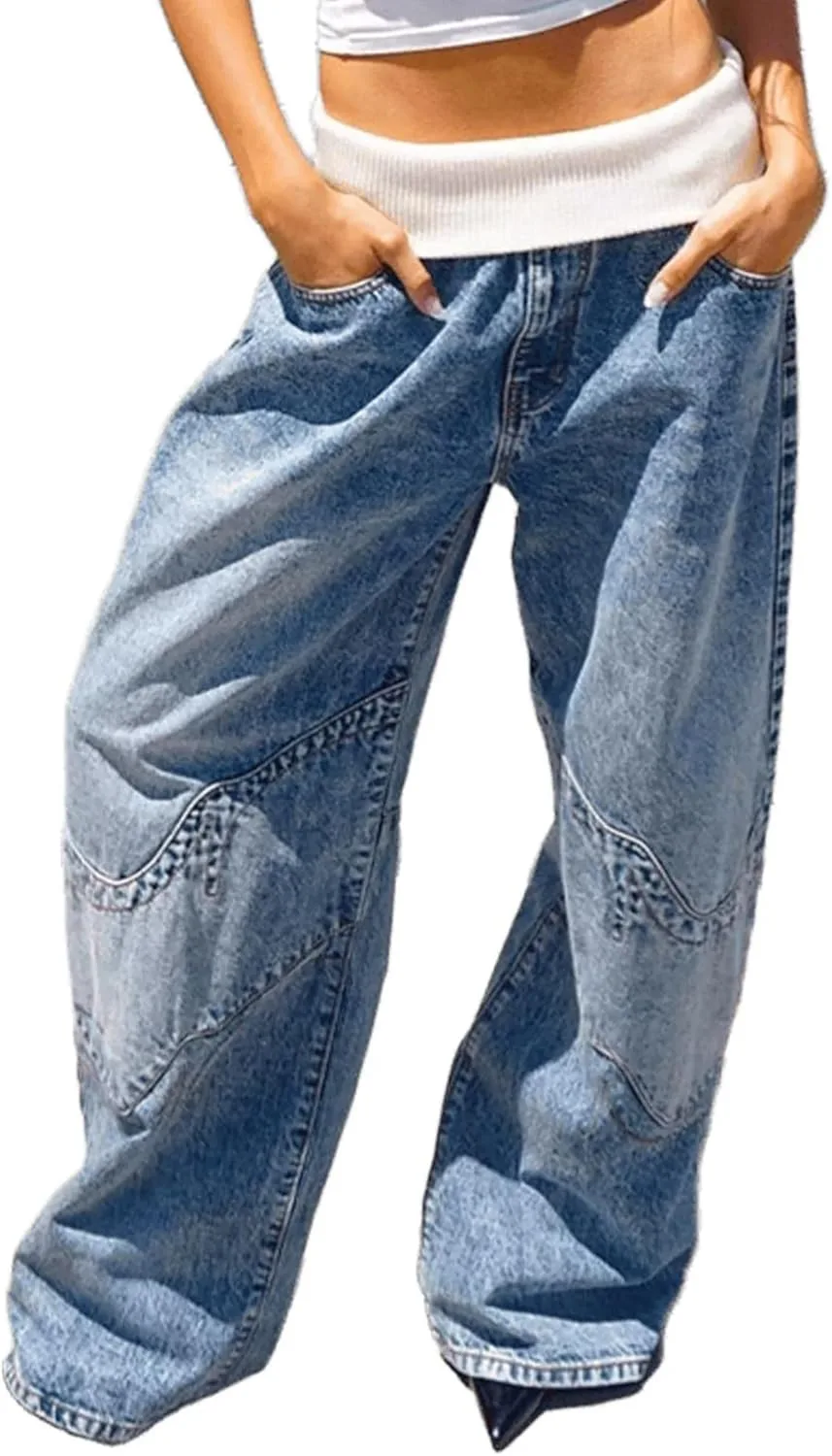 

Женские джинсы low rise baggy с пачворком и широкими штанинами QLAUYIOE