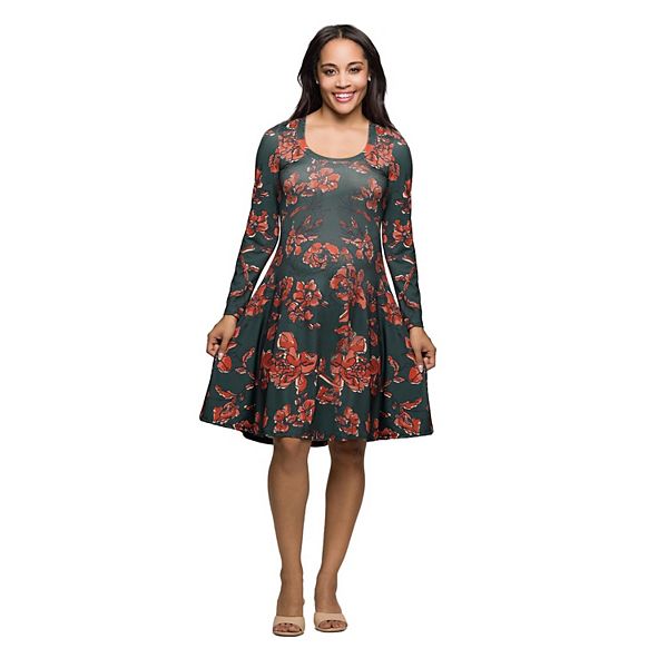 

Женское платье с длинным рукавом и принтом в стиле fit & flare 24Seven Comfort Apparel, Orange Multi