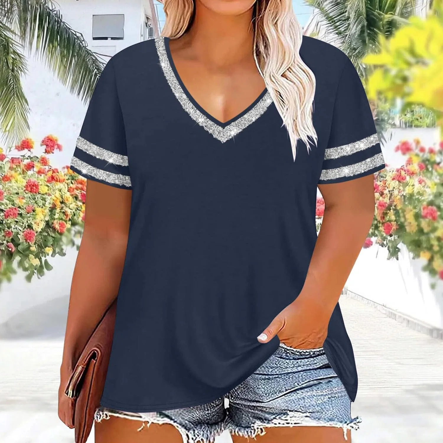 Футболка с V-вырезом и цветовым блоком, Plus Size, Navy — фото 4