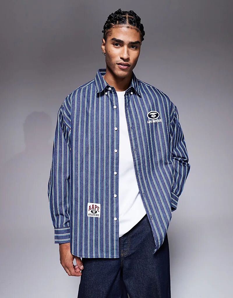 

Рубашка свободного кроя Aape by A Bathing Ape в полоску с длинными рукавами, темно-синего цвета, с вышивкой на спине