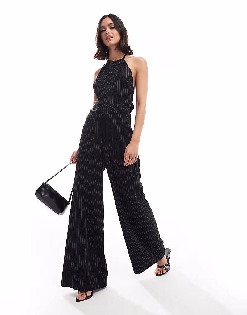 

Комбинезон ASOS DESIGN с завязками на спине и бретельками через шею в черно-белую полоску
