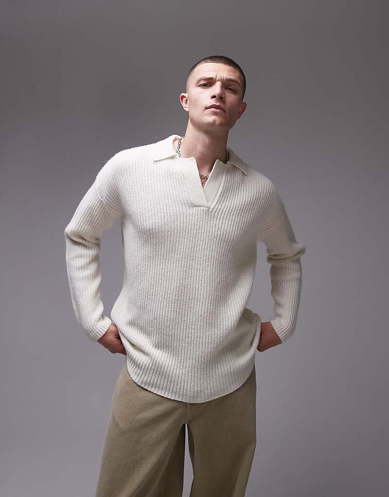 

Свитер свободного кроя с круглым вырезом Topman из овечьей шерсти цвета экрю