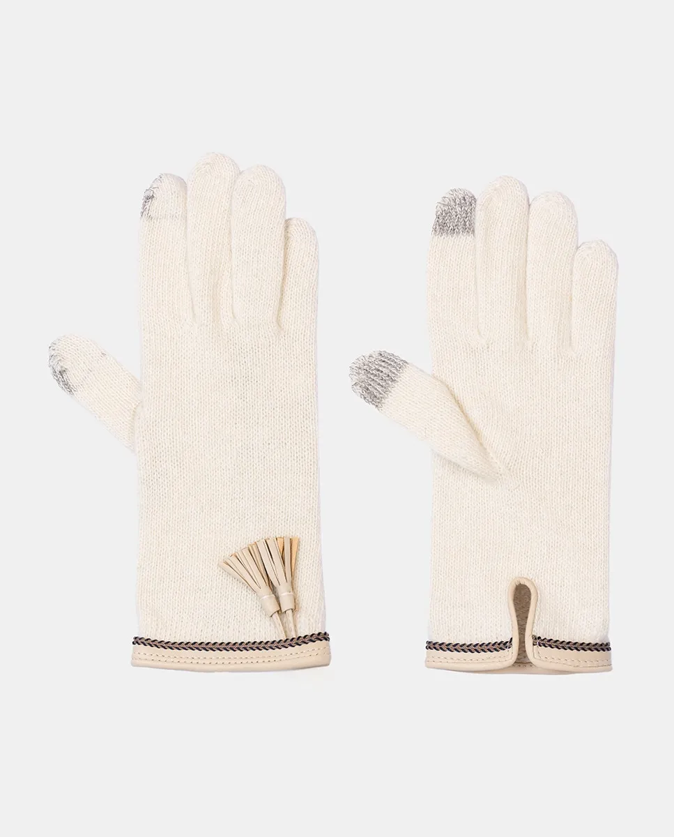 

Перчатки вязаные из шерсти с манжетами и кожаными бахромами Santacana, светло-бежевый