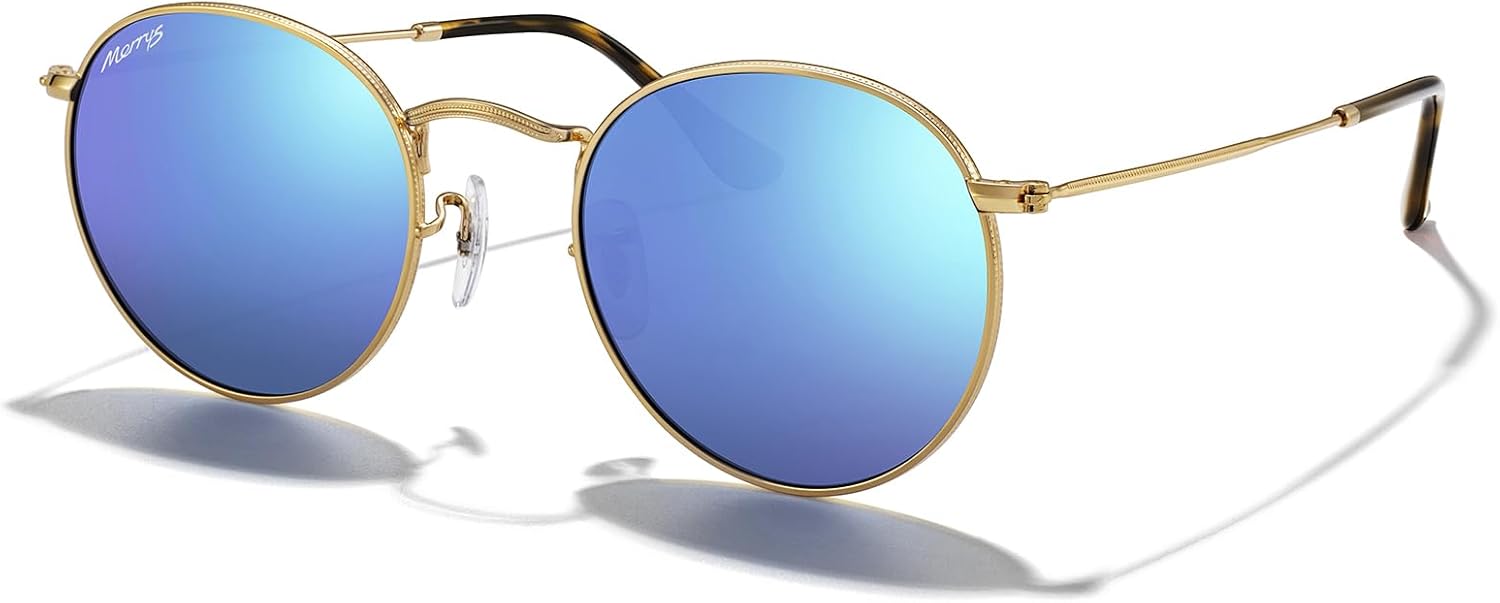 

Модные круглые металлические поляризованные солнцезащитные очки MERRY для женщин и мужчин в стиле ретро, ​​классика и винтаж, модель S6447 MERRY'S, Polished Gold Frame/Blue Mirror Lens