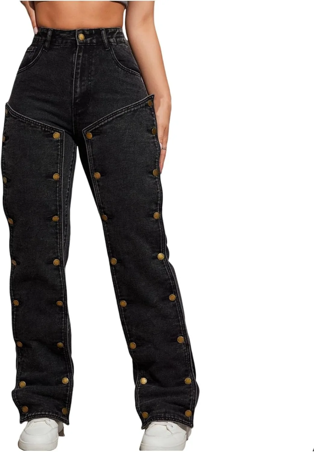 Женские джинсы high waisted straight wide leg с патчворком и съемными кнопками