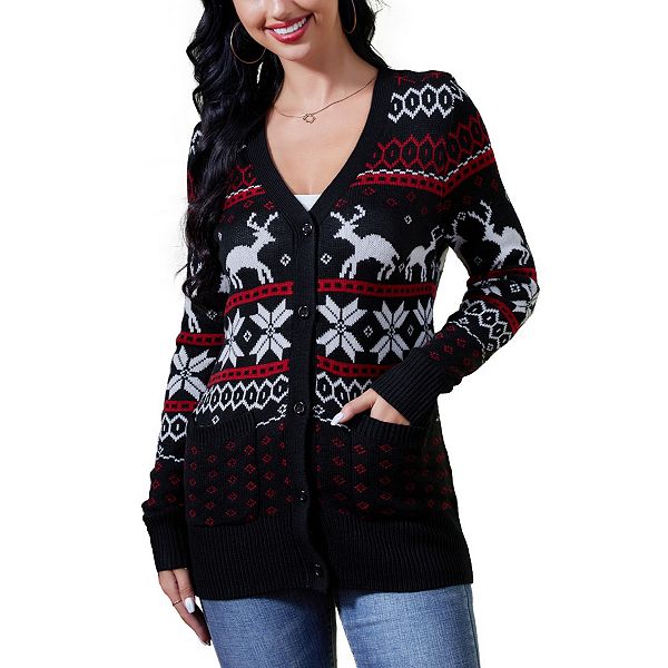 

Женский свитер с новогодним принтом, кардиган на пуговицах Yesfashion, Black