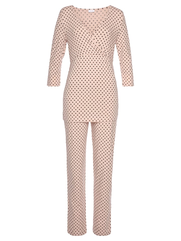 

LASCANA Пижама для беременных в бежево-черный горошек