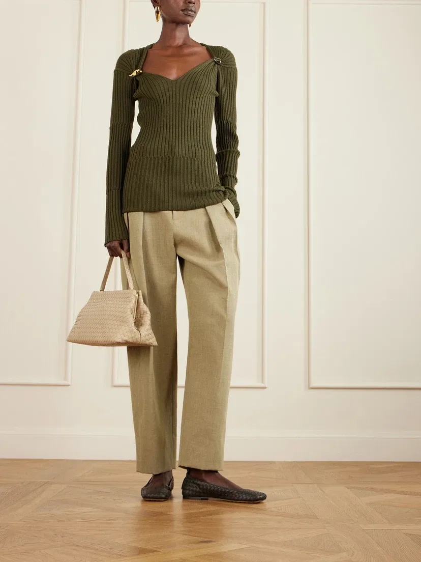 Украшенный свитер из кашемира и шелка в рубчик BOTTEGA VENETA, бирюзовый — фото 2