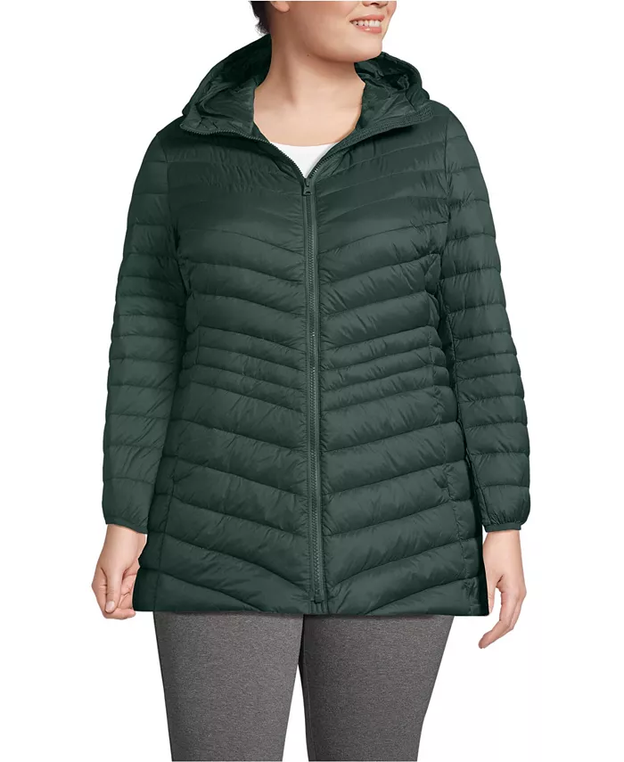 

Длинная куртка-пуховик с капюшоном больших размеров Wanderweight Packable Lands' End, зеленый