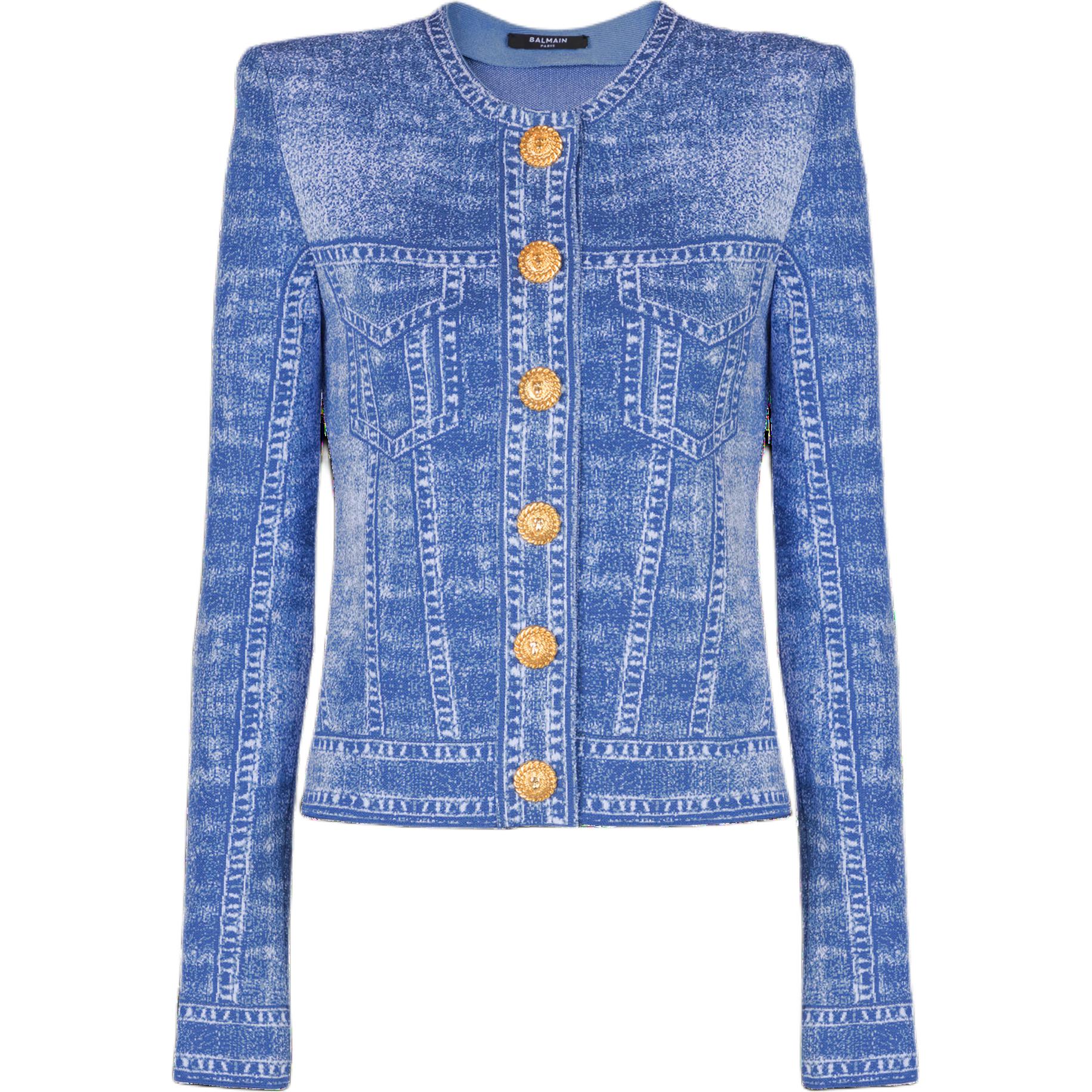 BALMAIN Джинсовый эффект логотип детализированный вязаный кардиган, Blue — фото 3