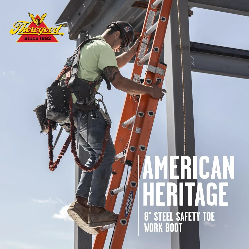 Рабочие ботинки Thorogood American Heritage для мужчин с стальным носком, 8 дюймов - из кожи высокого качества с Мок-Тоу, противоскользящей подошвой клиновидной формы и комфортной стелькой; сертифицированы по стандарту EH — фото 3