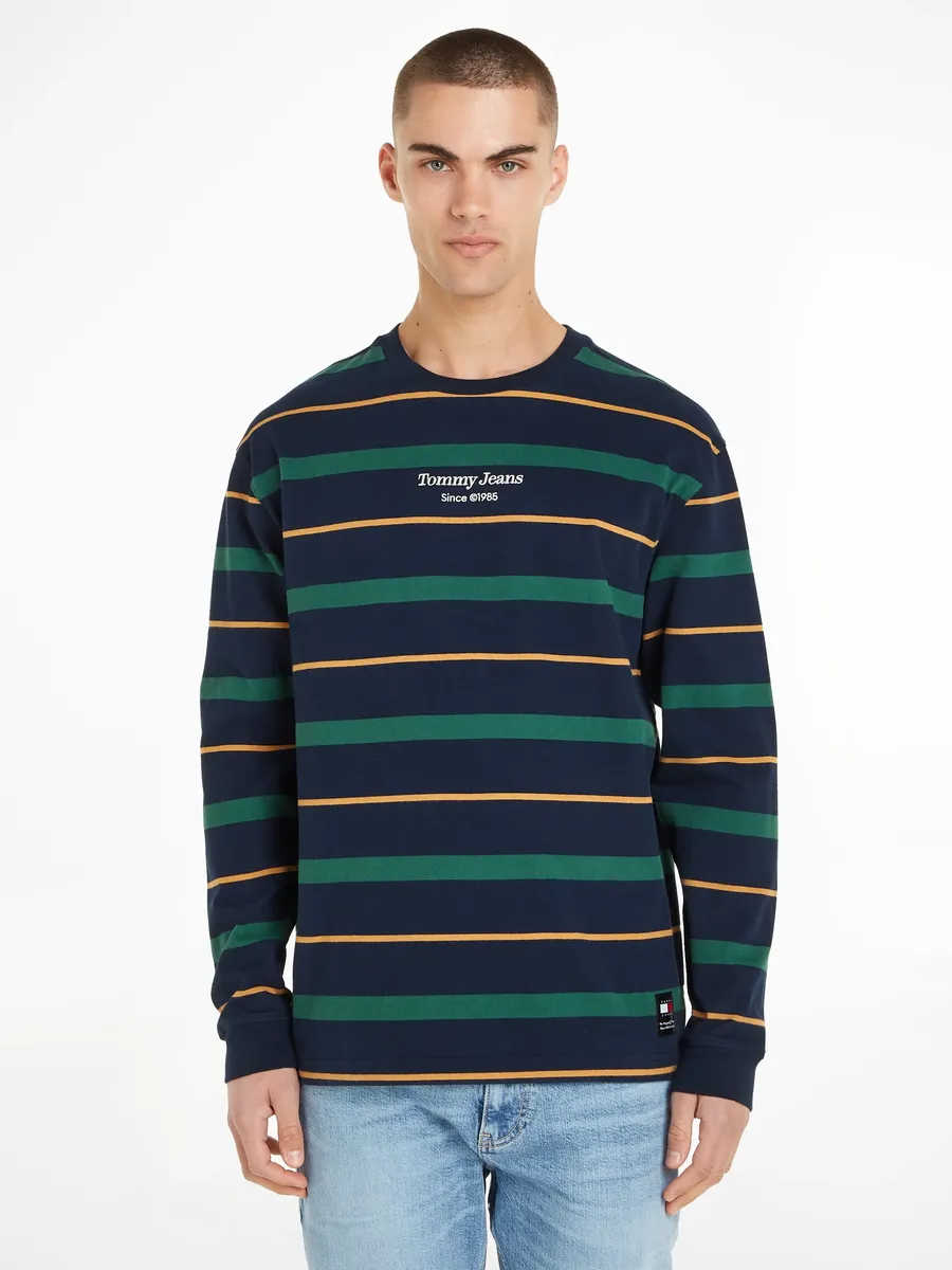 

Рубашка Tommy Jeans с длинными рукавами "TJM REG STRIPE LS TEE" с надписью Tommy Hilfiger, синий