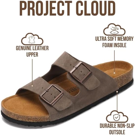 Мужские сандалии Project Cloud из 100 натуральной кожи с амортизирующей стелькой из натуральной пробки, сандалии с двумя ремешками и пряжками, летние нескользящие (Heritage), угольный — фото 2