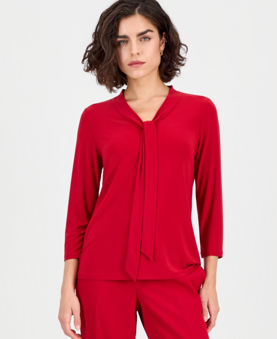 

Женская блузка с рукавами 3/4 и завязками на шее, стандартный и укороченный размеры Kasper, Fire Red