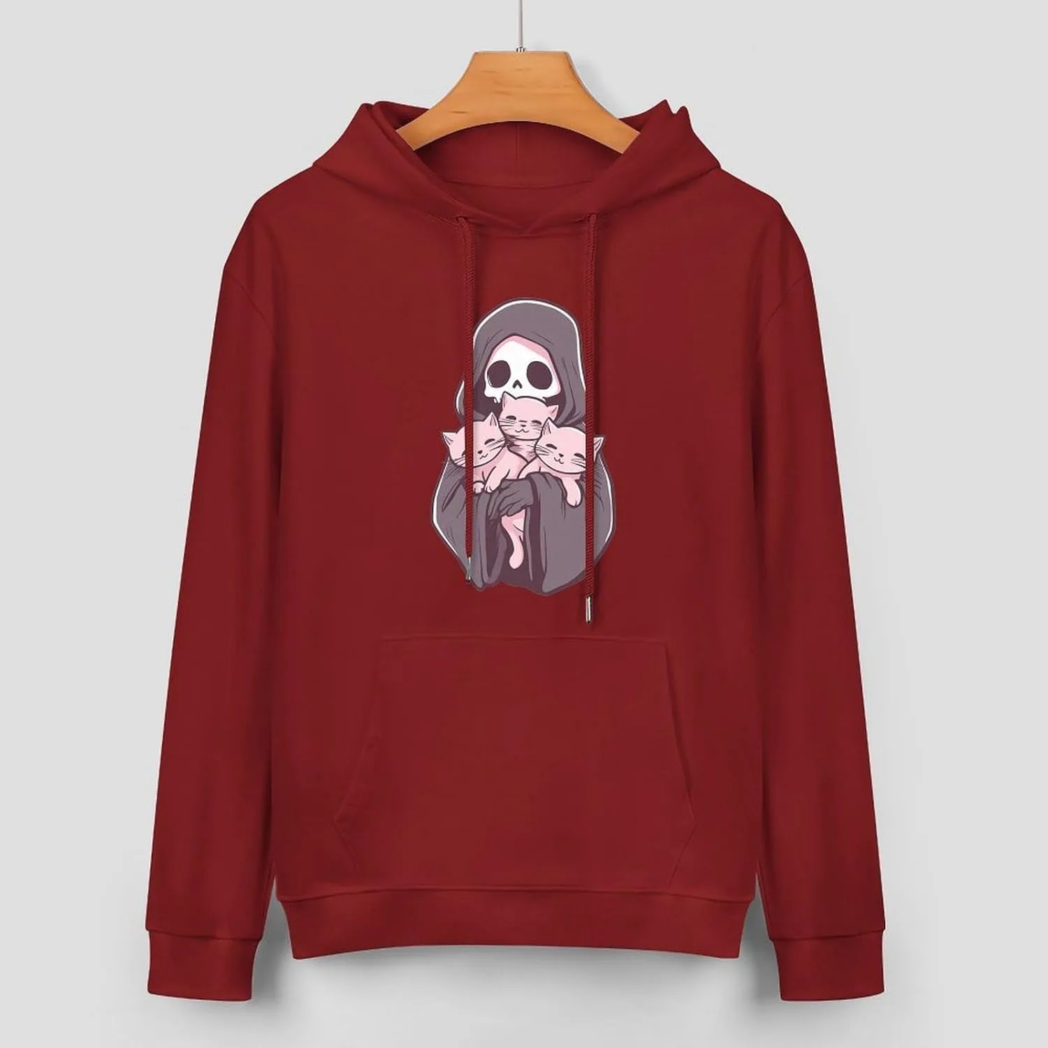 Толстовка с капюшоном Grim Reapers And Her Cats для мужчин, хлопковый пуловер с карманом Generic, темно-багровый — фото 3