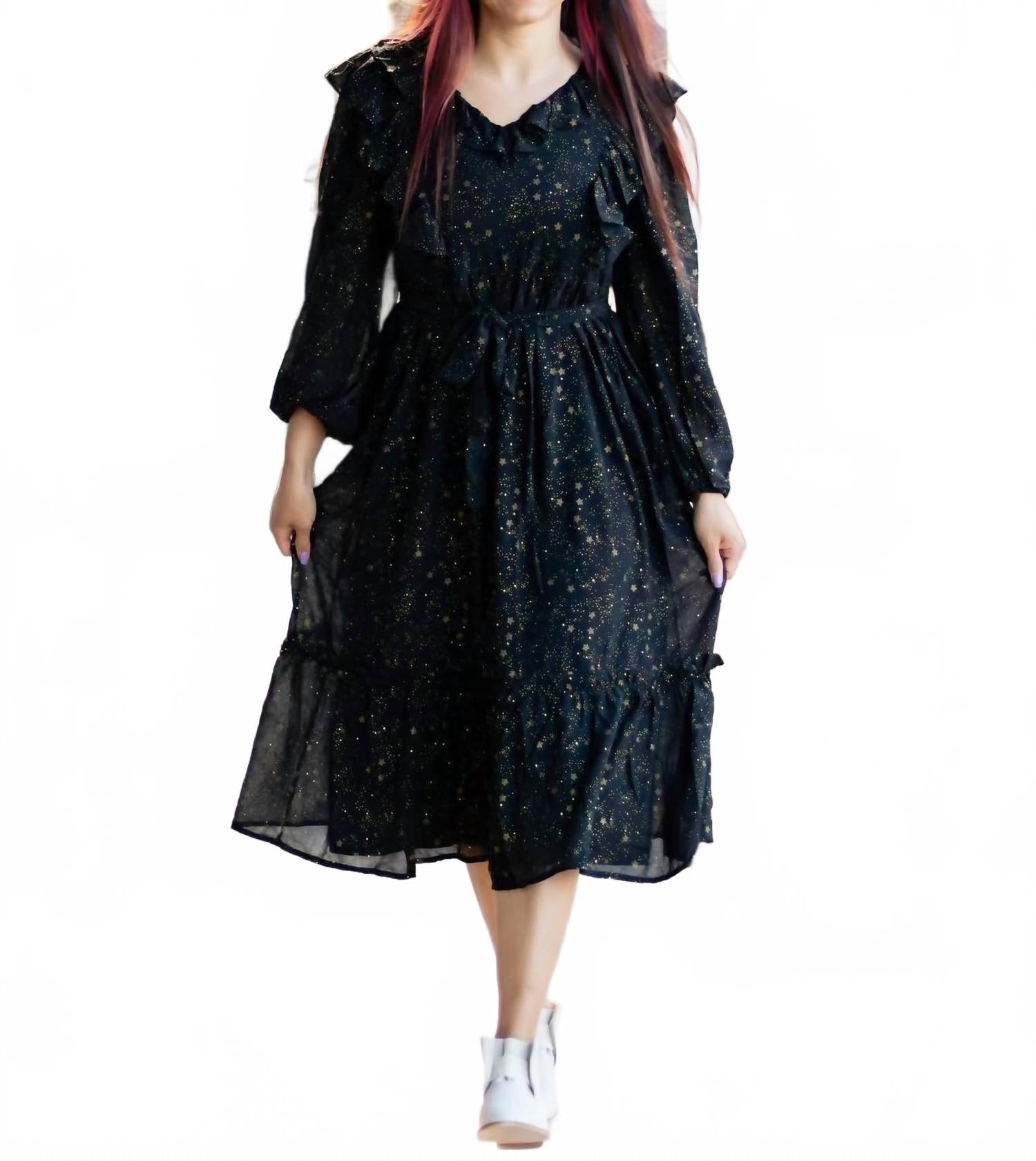 

Черное платье миди с рюшами из шифона MOON RIVER