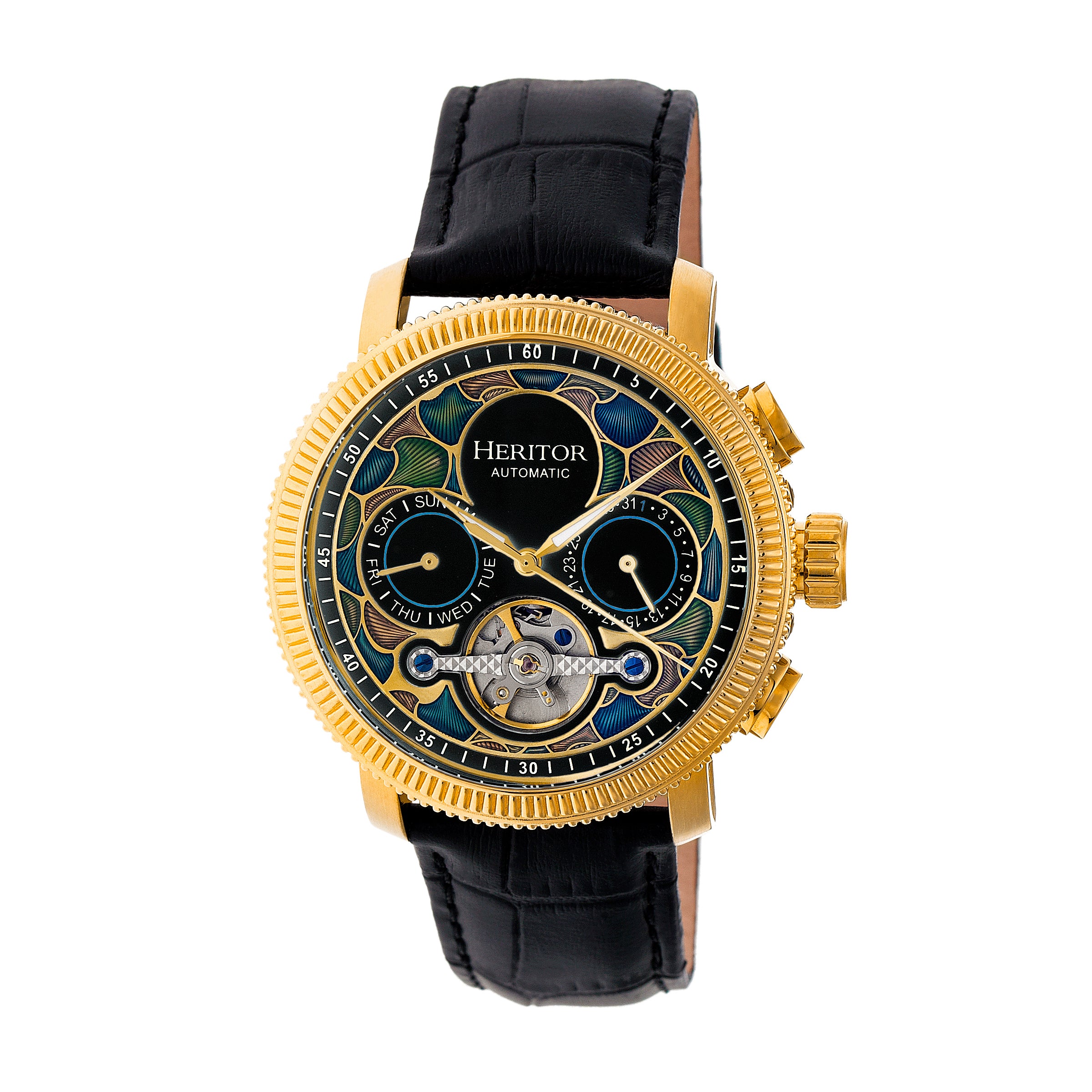 

Мужские часы Aura Semi-Skeleton с кожаным ремешком Heritor Automatic, золотой
