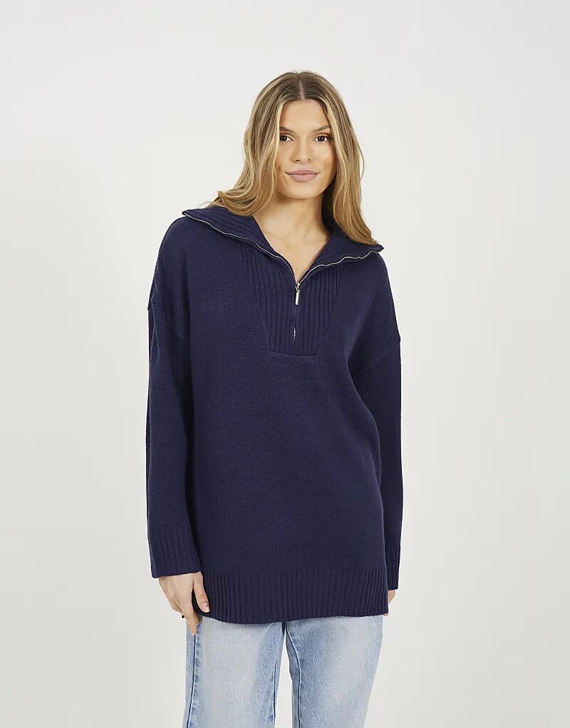 

Brave Soul Свободный трикотажный джемпер с застежкой-молнией 1/2 темно-синего цвета