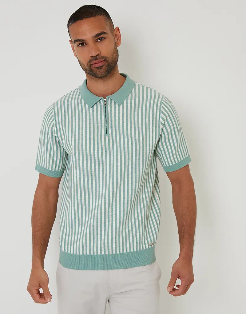 

Трикотажная рубашка-поло Threadbare Textured в полоску с застежкой-молнией на четверть оборота, бледно-зеленого цвета