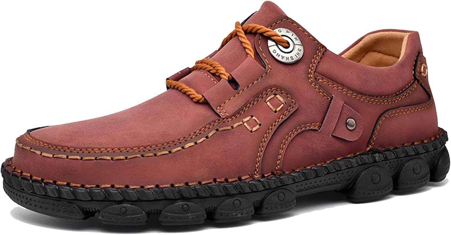 

Мужские винтажные кожаные повседневные туристические ботинки с ручной строчкой, шнуровкой, противоскользящие, водонепроницаемые кроссовки, модные и удобные обувь для прогулок и вождения Generic, красный