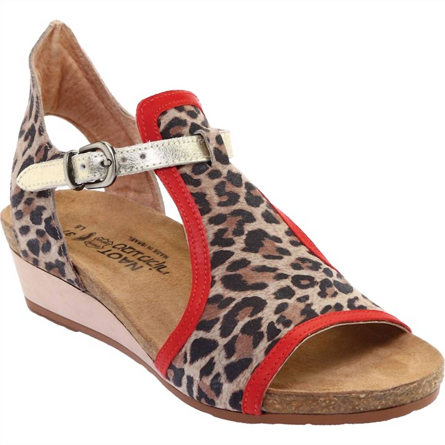 Сандалии Fiona в цвете Cheetah/Kiss Red/сияющий золотой замша/кожа NAOT