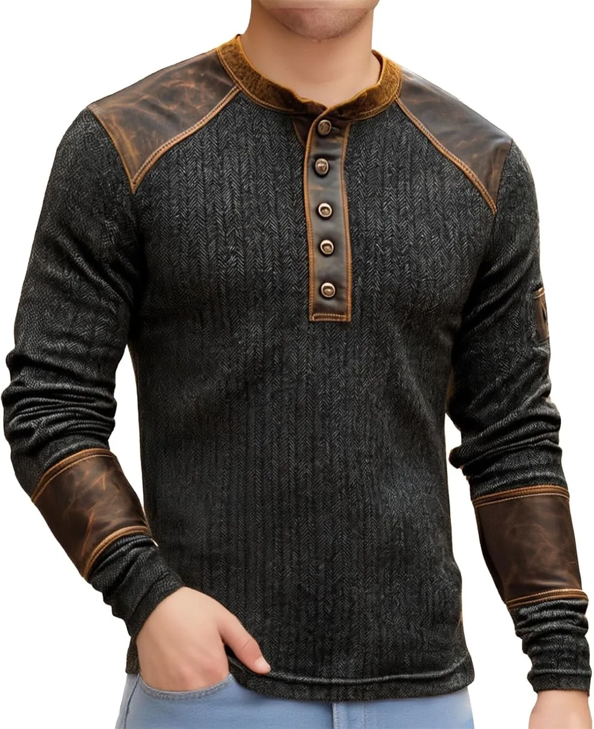 

Мужская потертая рубашка-хенли с длинным рукавом, термобелье, casual, slim fit, легкая, 5 пуговиц