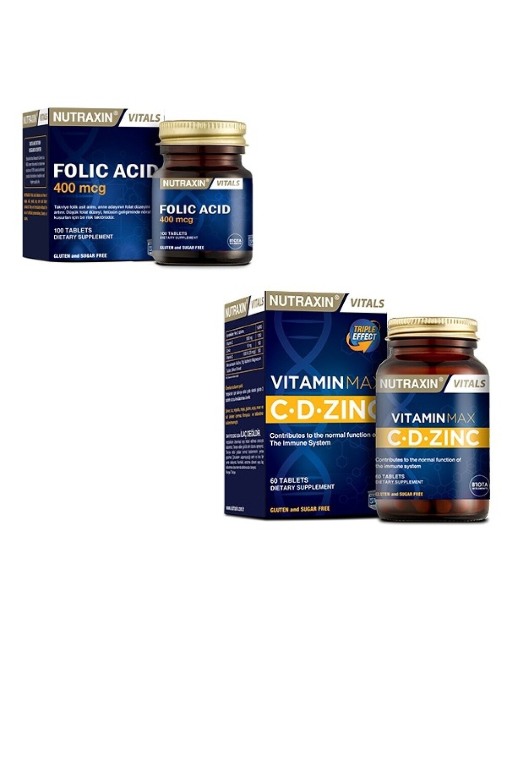 

Nutraxin 400 мкг фолиевой кислоты + 1000 мг витамина С, 1000 МЕ витамина D и 10 мг цинка