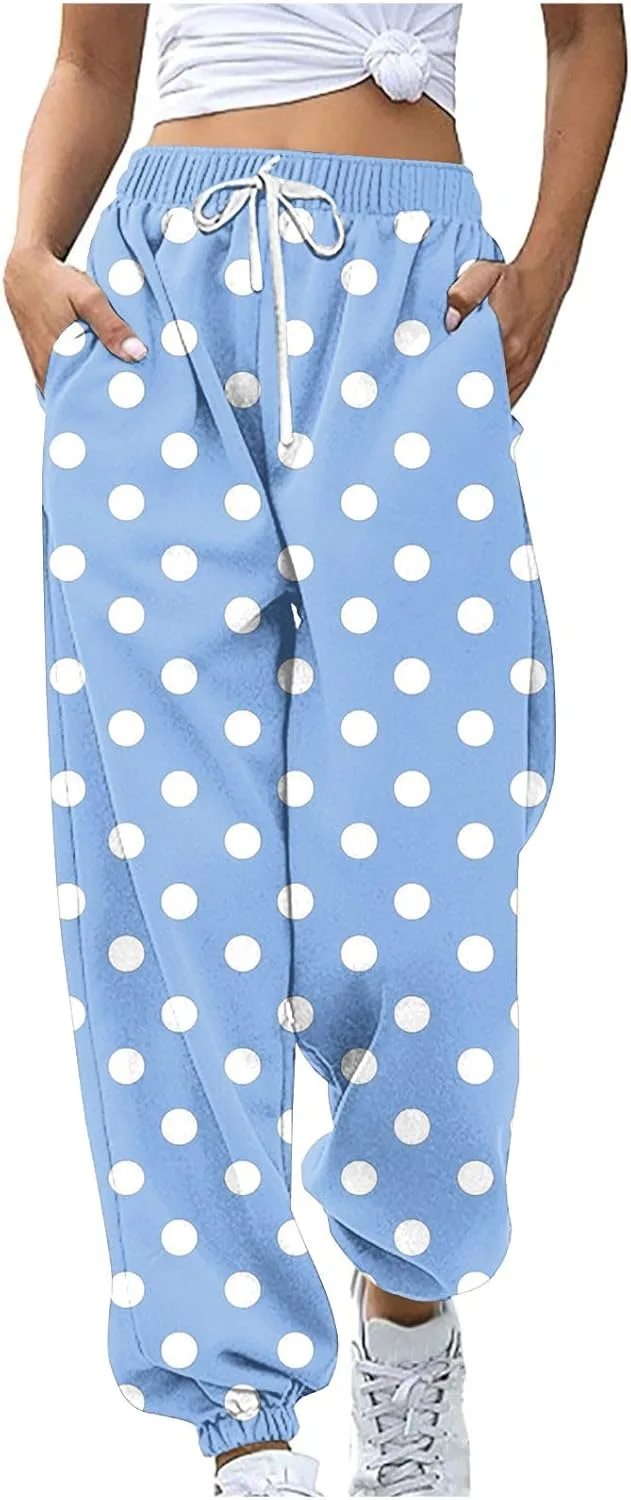 Женские спортивные штаны с рисунком в горошек, на шнурке, свободного кроя, мягкие, с карманами, для отдыха Generic, светло-голубой