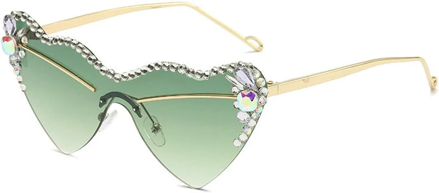 

COTIA Модные безободковые солнцезащитные очки в форме сердца с бриллиантами, роскошный дизайн, блестящие стразы, очки для вечеринок, 2pcs Green+champagne