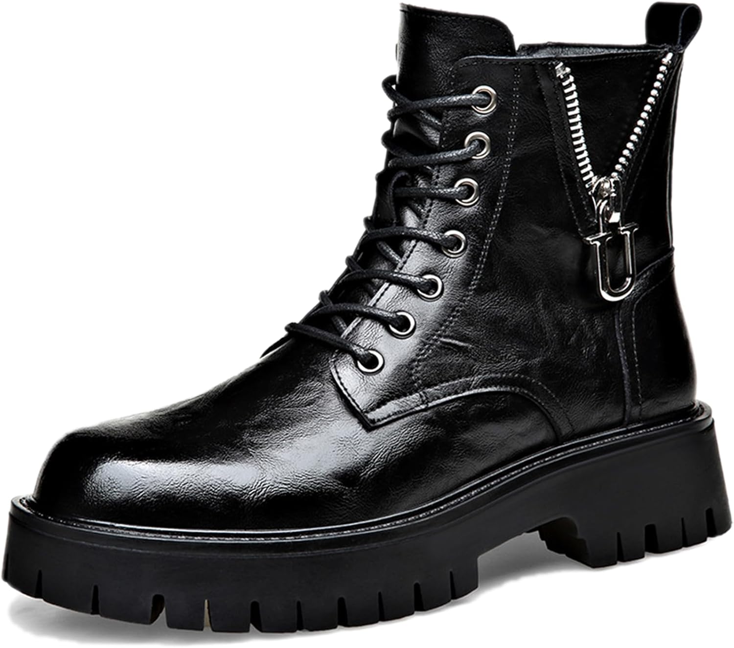 

Мужские кожаные ботинки на шнуровке с высокой платформой и молнией сбоку, зимние плюшевые, удобные, с противоскользящей подошвой, мотоциклетные, водонепроницаемые, бизнес-панк, снежные ботинки Adkgbe, черный