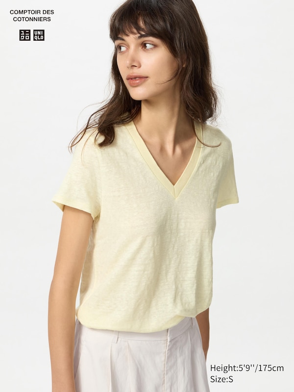 

Футболка из льна с v-образным вырезом Uniqlo, желтый
