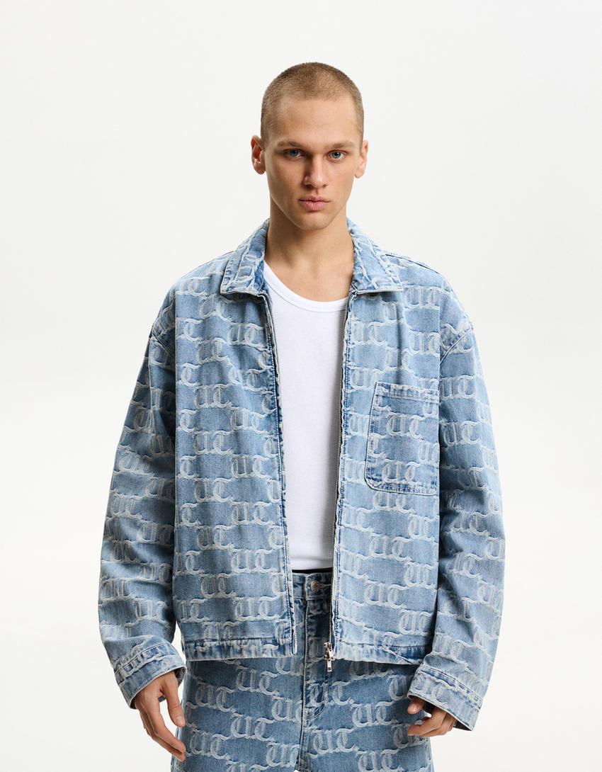 

Рубашка из денима и жаккарда с застежкой-молнией Bershka, голубой