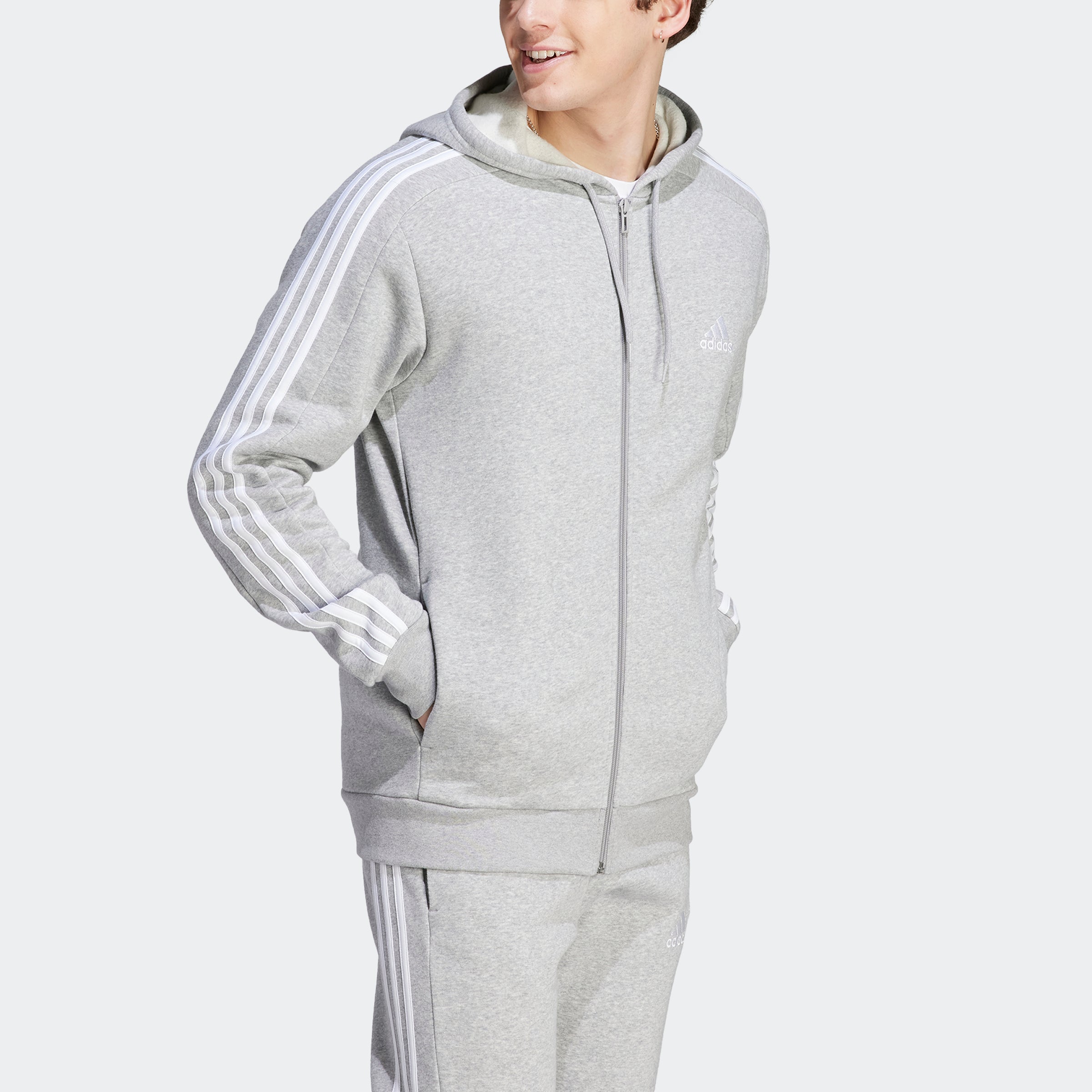 

Мужская толстовка с капюшоном adidas Essentials Fleece 3-Stripes Full-Zip, цвет medium grey heather