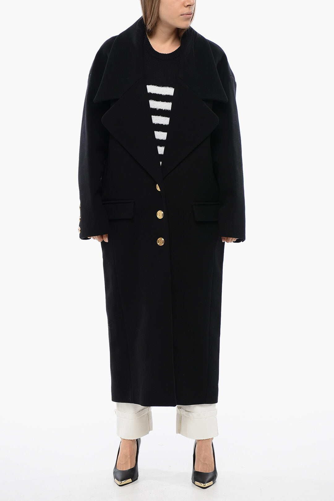 

Пальто Balmain Virgin Wool с макси-лацканами, черный
