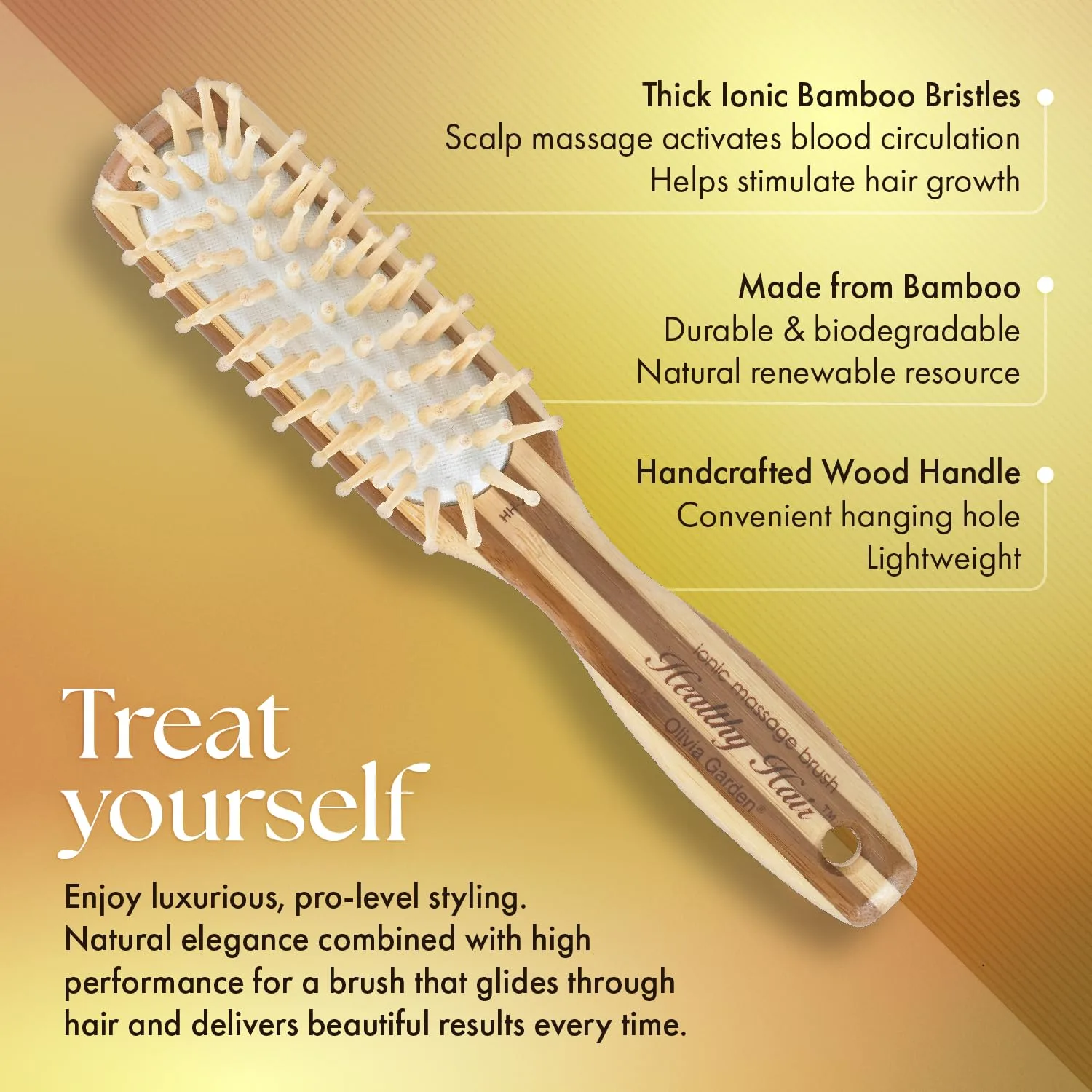 Ионная массажная щетка для волос Olivia Garden Healthy Hair Bamboo Узкая паддл-щетка, Brown — фото 3