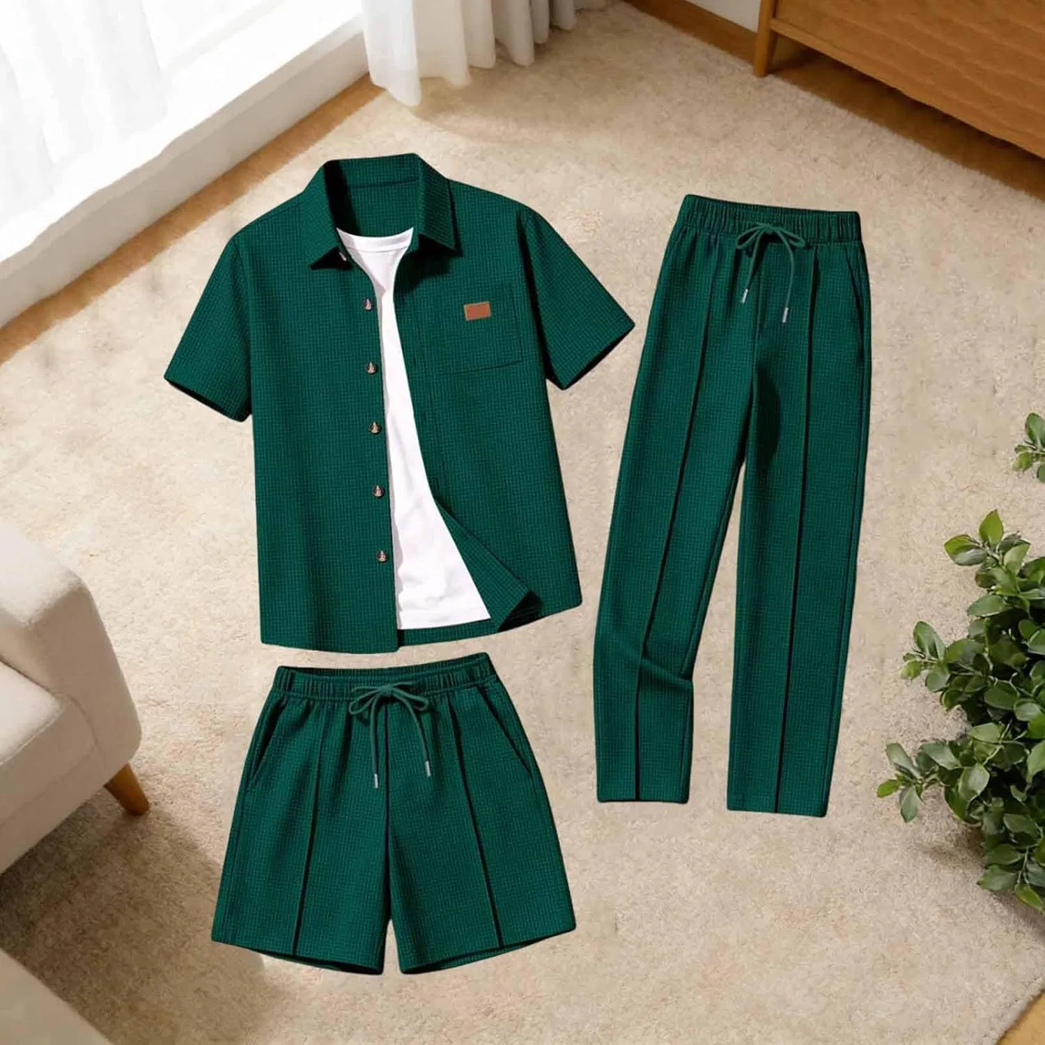Мужской спортивный костюм из 3 предметов, футболка, шорты и брюки, Army Green — фото 4