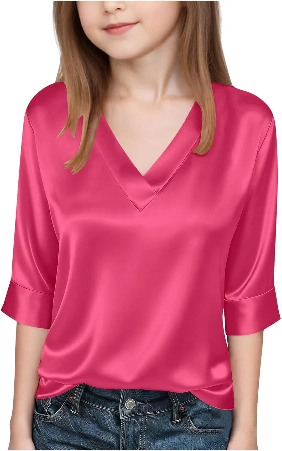 Детская футболка с V-образным вырезом, атласная, 3/4 рукав, Zzalalana, Hot Pink