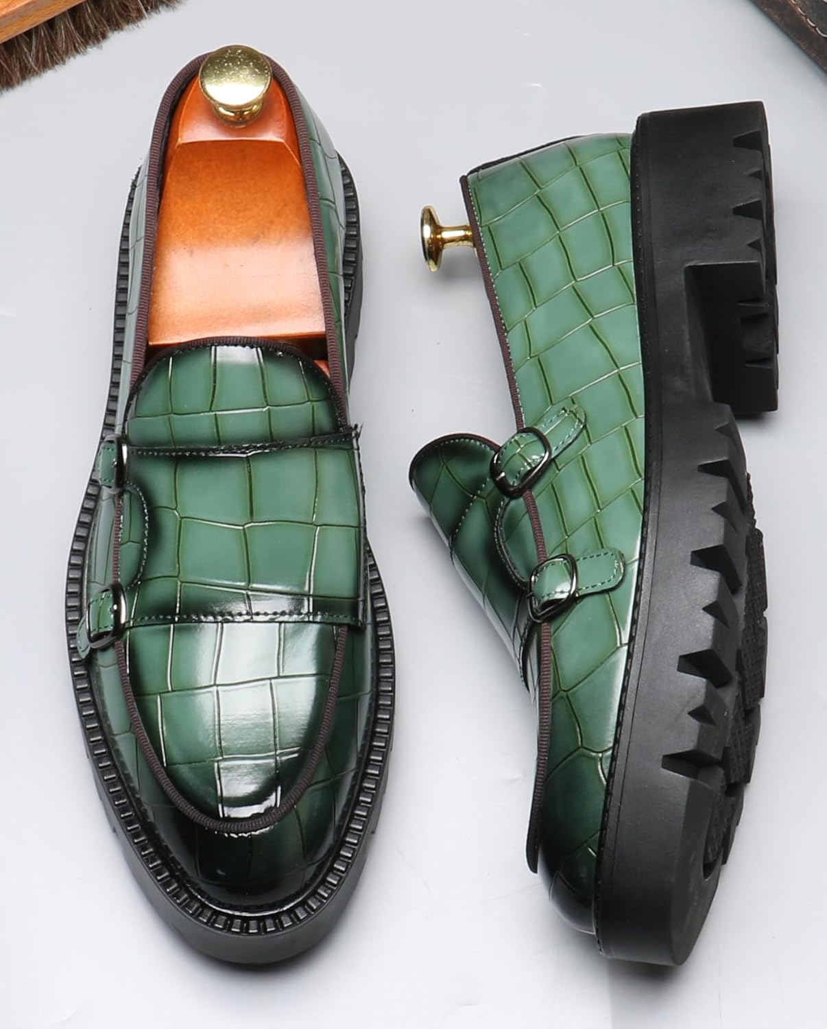 Мужские лоферы Santimon Loafers, повседневные, на каблуке, без шнурков, из лакированной кожи, с узором «шотландка», пенни-лоферы, смокинг, туксо, свадебные мокасины, официальная обувь для бизнеса и выпускного, зеленый — фото 4