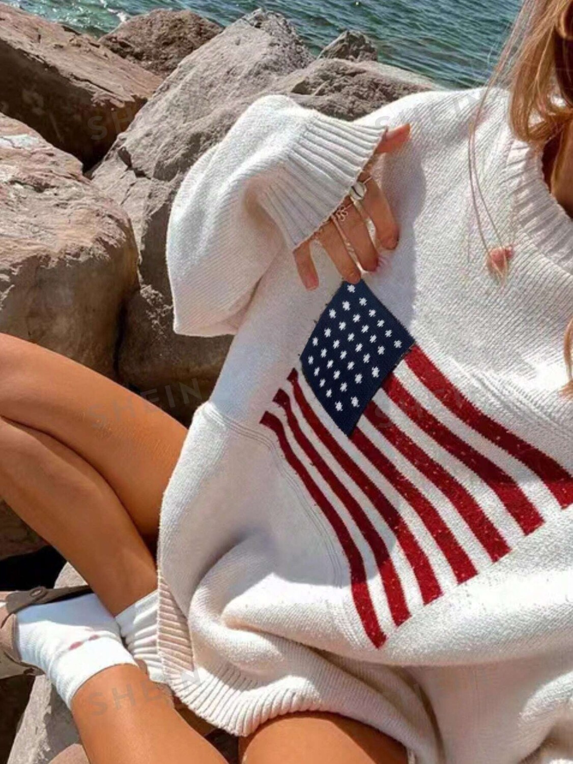 

EZwear Americana Праздничный свитер больших размеров с плечами Shein, белый