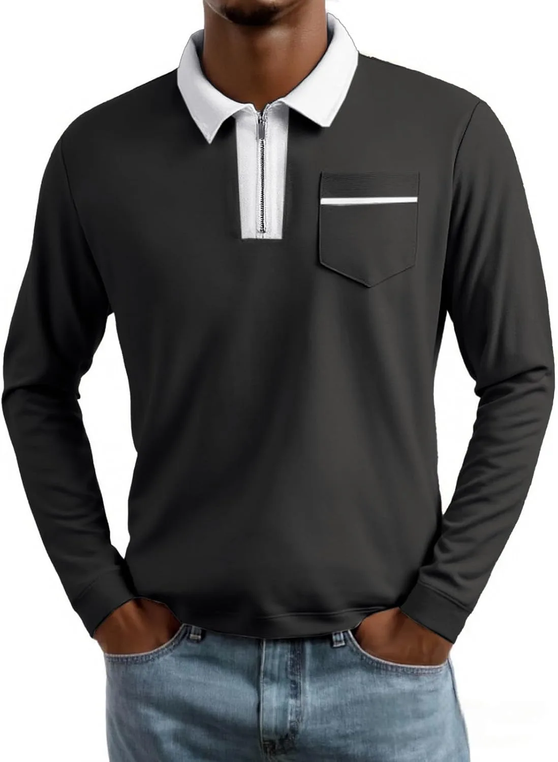 

Мужская поло с молнией, длинный рукав, цветной блок, Slim Fit YSERB