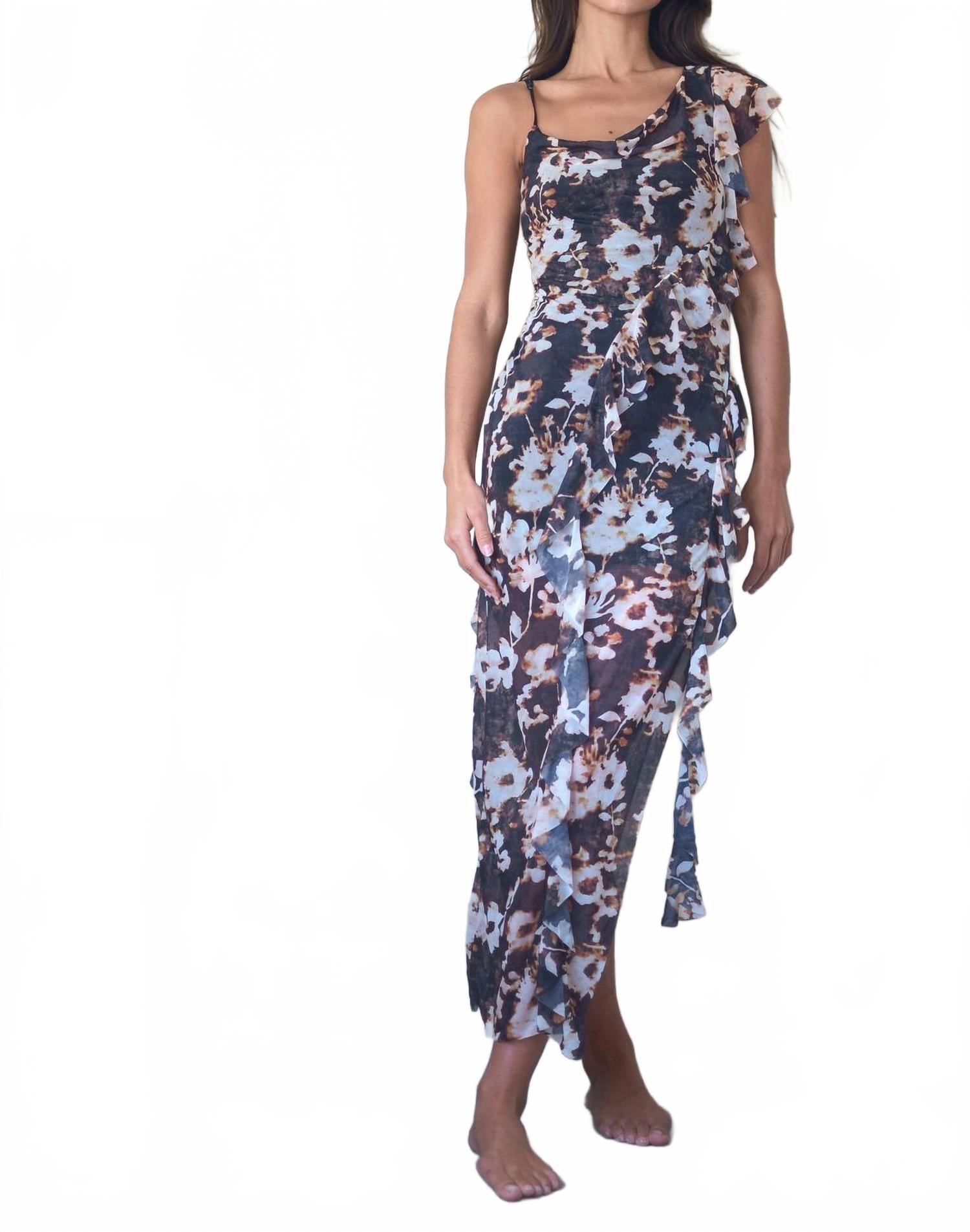 

Асимметричное платье с оборками в виде водопада, с принтом "выжженные цветы" ESTHE, burnt blossom print