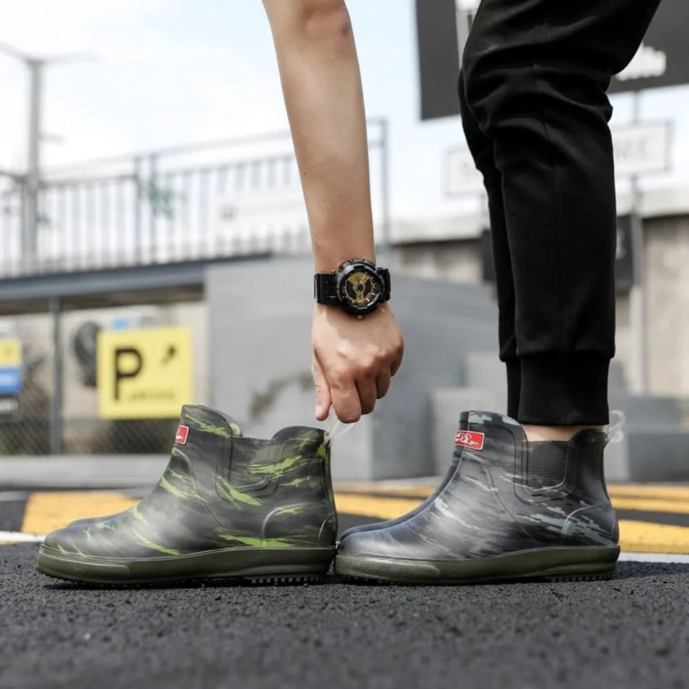 Камуфляжные ботинки-носки на щиколотку для мужчин, для рыбалки на лодке, водонепроницаемые резиновые ботинки, легкие, дышащие, широкие, с противоскользящей подошвой, удобные, для ходьбы по грязи, дождю и воде, для походов и кемпинга Geerta, желт... — фото 3