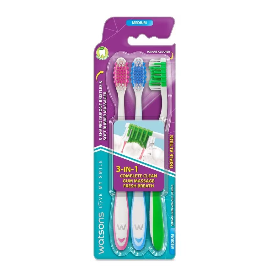 

Watsons Зубная щетка тройного действия (средняя), 3 шт