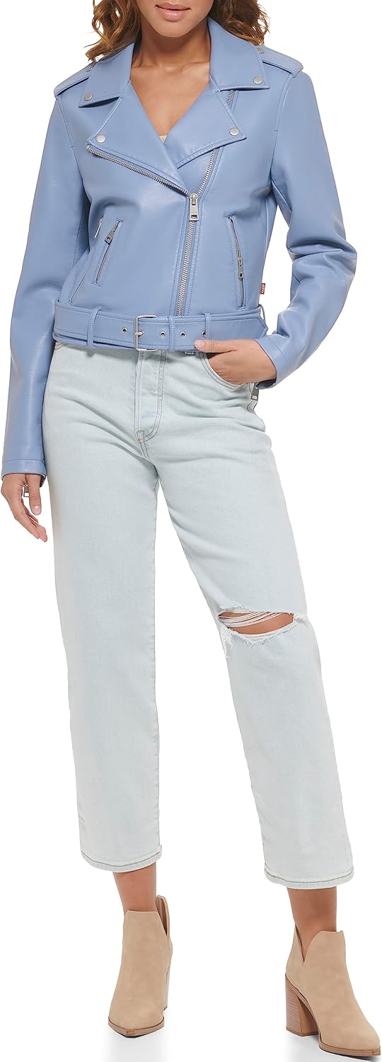 Женская куртка-косуха Levi's из искусственной кожи с поясом, голубой — фото 2