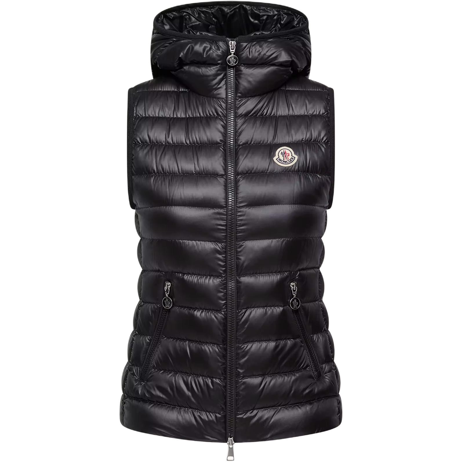 

Moncler Пуховый жилет женский черный с капюшоном, средней высоты