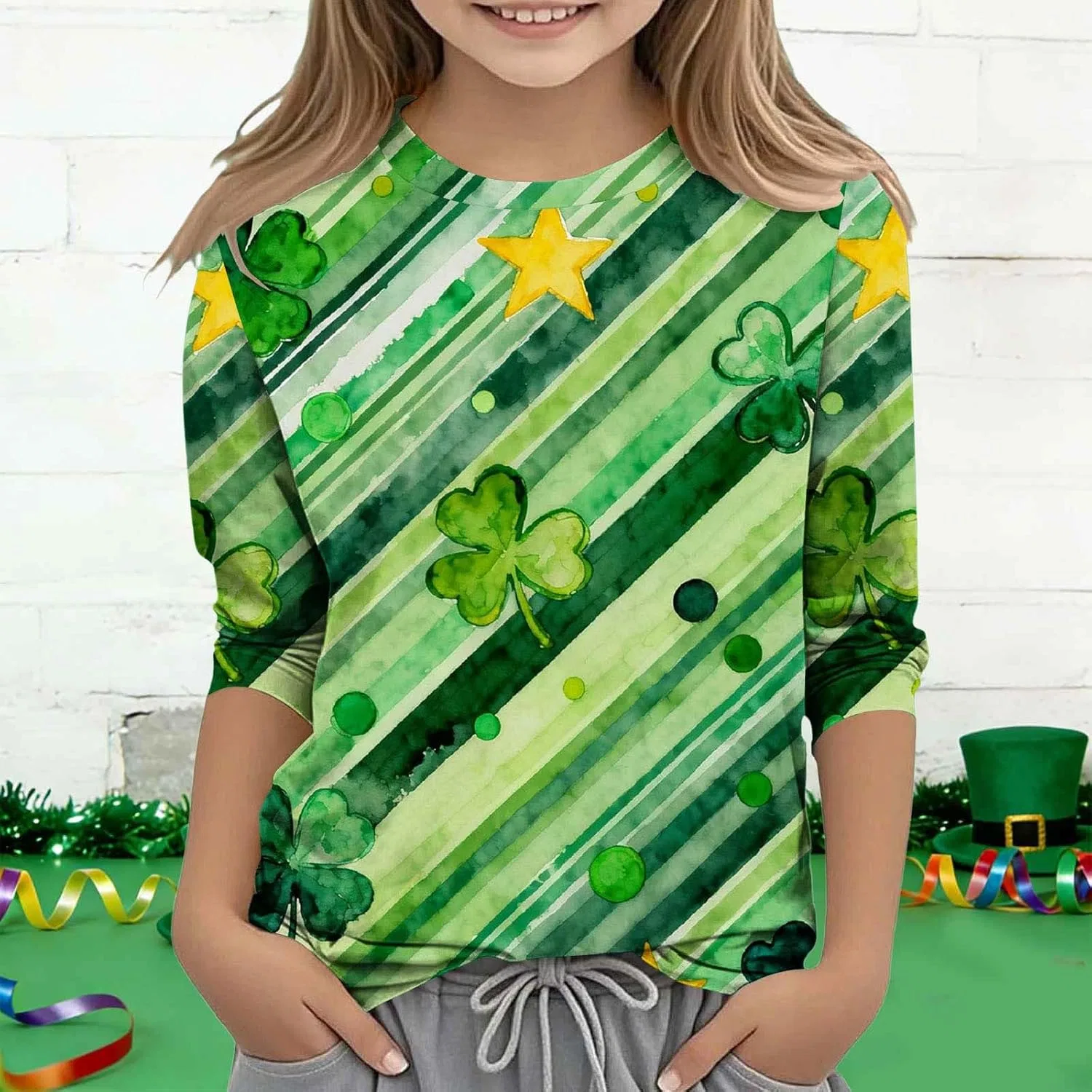 Детская футболка с принтом Shamrock, Zzalalana, 3/4 рукав, зеленый — фото 3