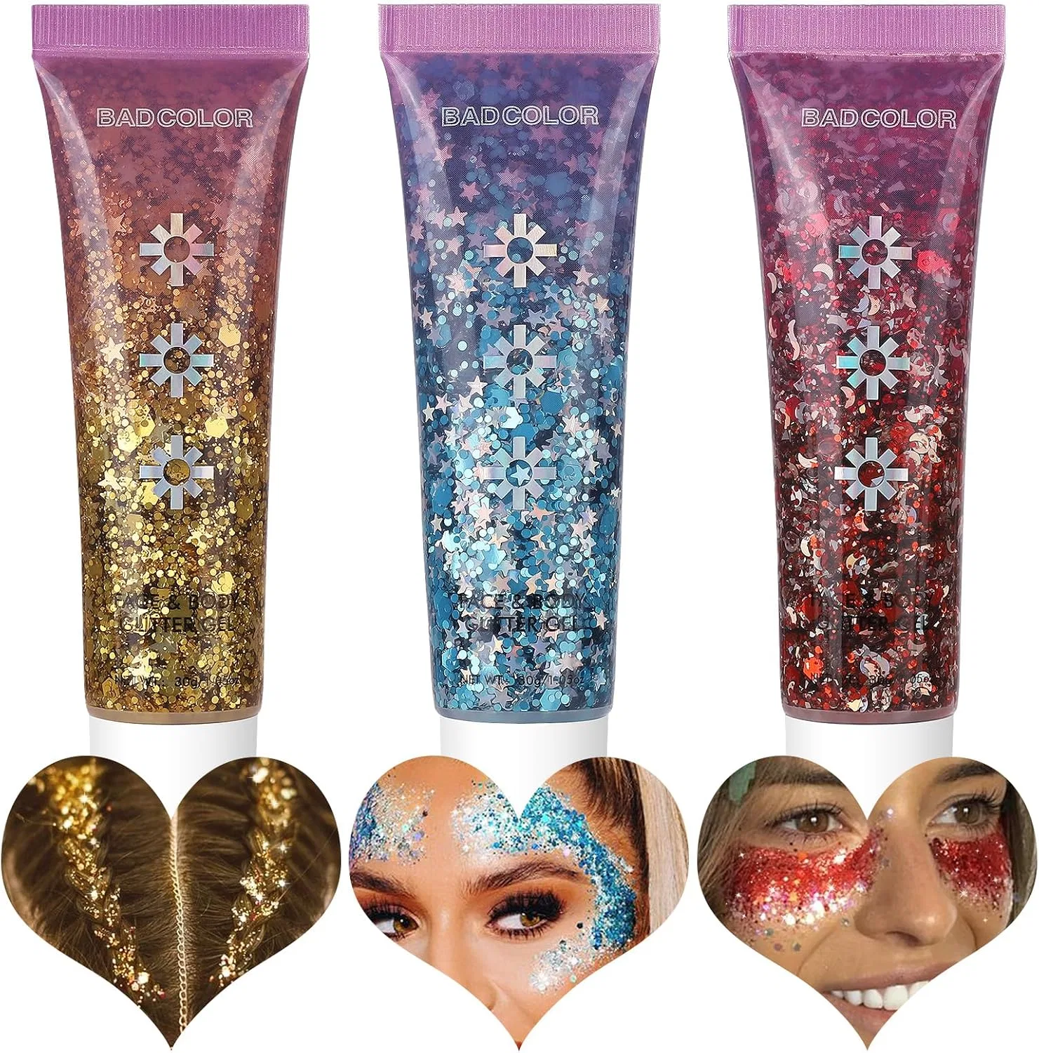 Набор глиттера для лица и тела BADCOLOR, 3 цвета, 4.34 унции