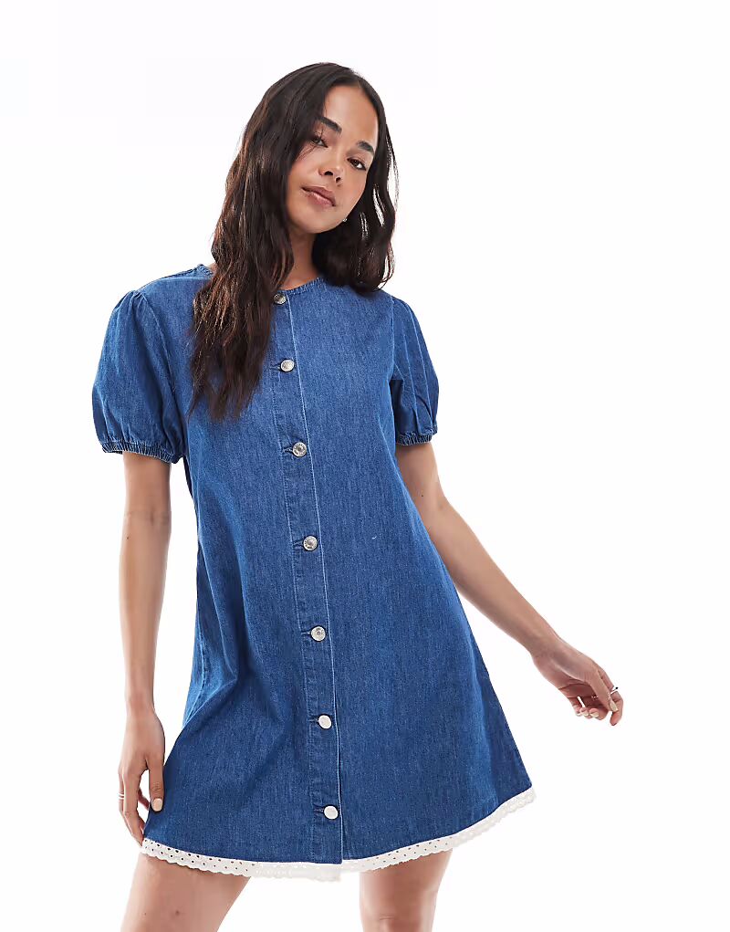 

Джинсовое мини-платье ASOS DESIGN с рукавами-фонариками и вышивкой в ​​средне-голубом цвете