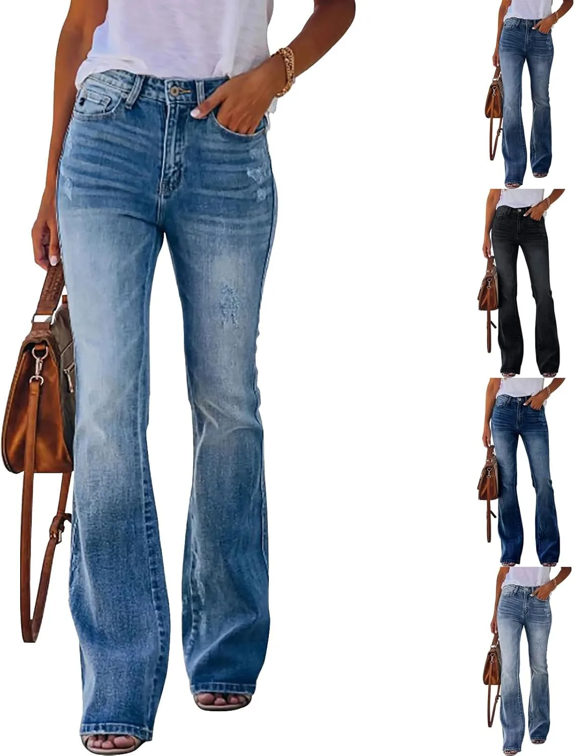 

Женские джинсы bootcut с потертостями, стрейч, высокая посадка