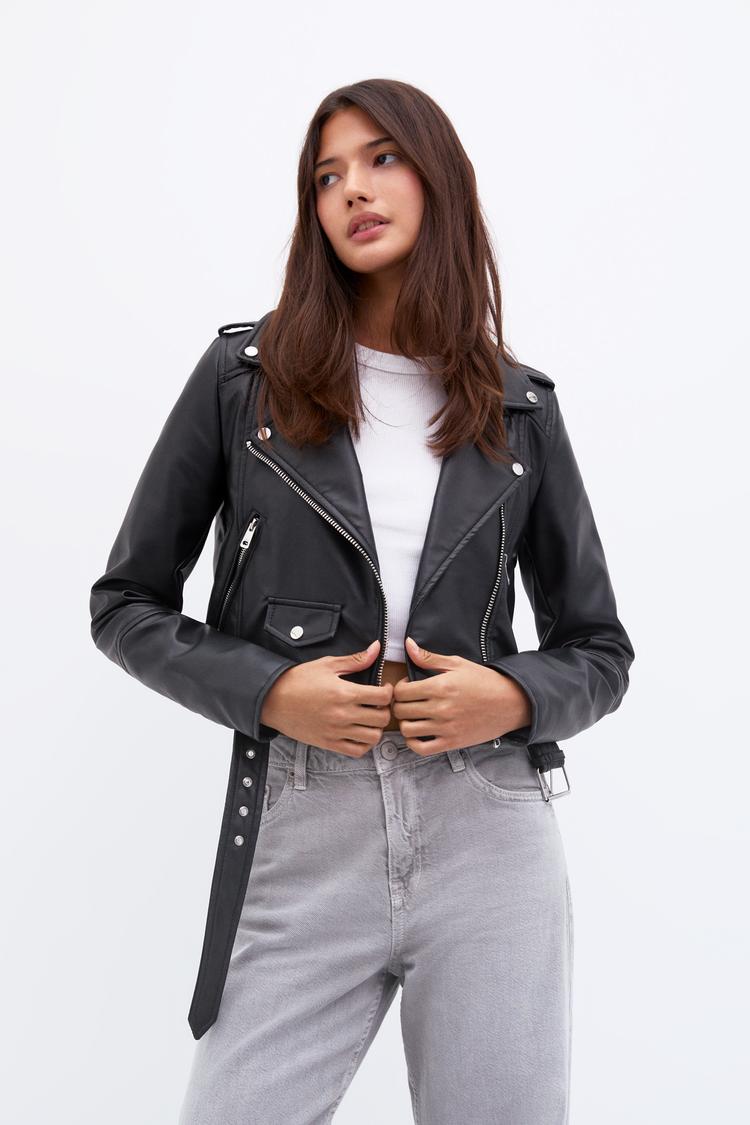 

Байкерская куртка из искусственной кожи Pull And Bear, черный